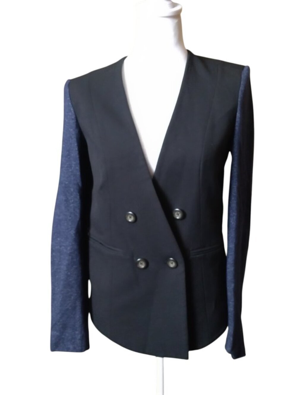Rachel Rachel Roy Size 0 Double Breasted Blazer Black Blue Mix Media Career